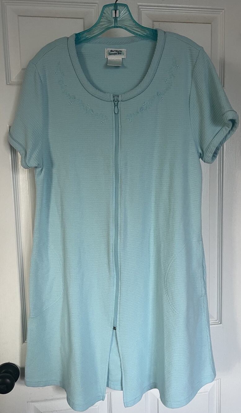 Barbara Barbara Green Waffle Knit Zip Front Duster Robe House Dress S M